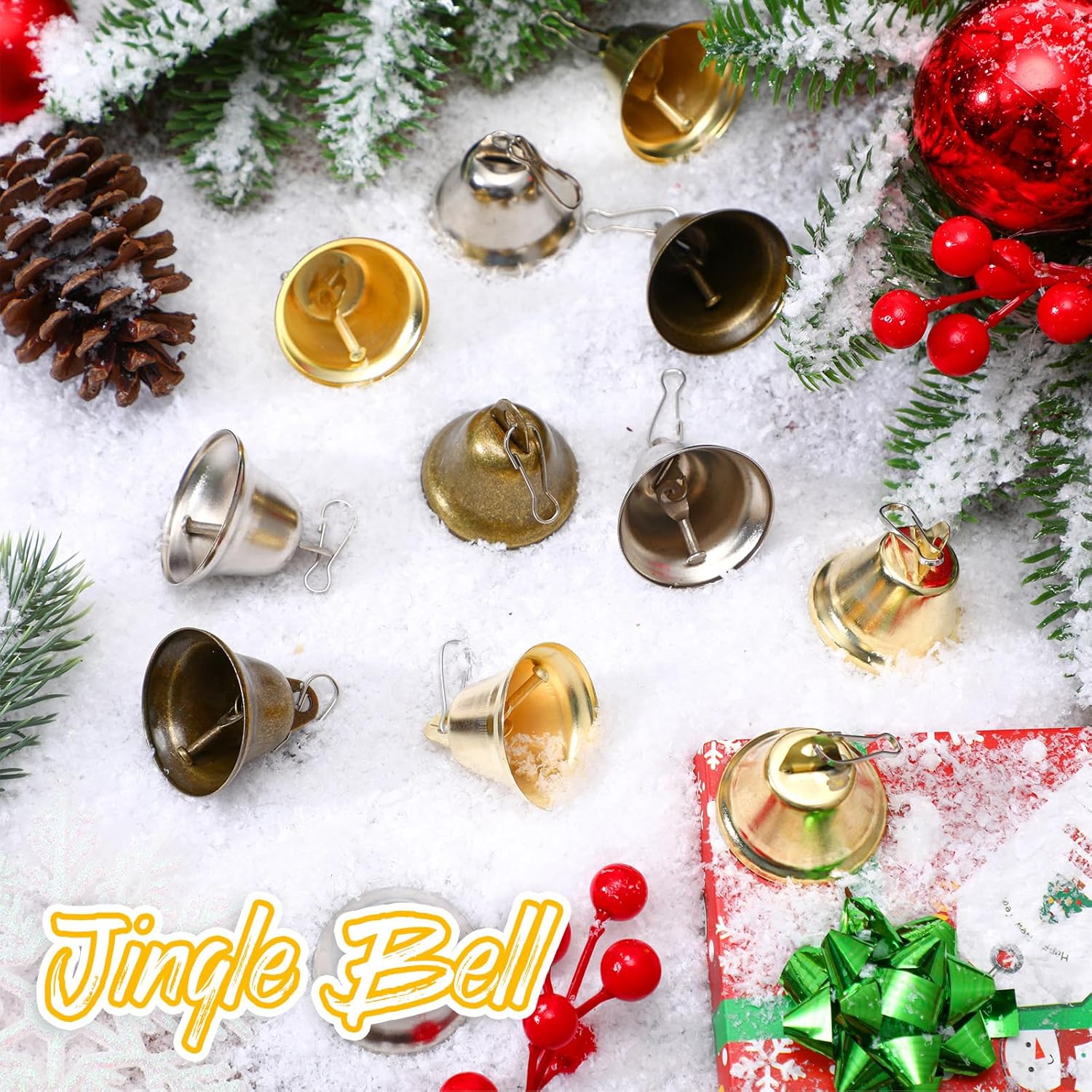 30 Pieces Craft Bells Small Brass Bells for Crafts Mini Vintage Bells with Spring Hooks Tiny for Hanging Wind Chimes Making Dog Training Doorbell Wedding Decor, 1.65 x 1.5 Inch (Bronze, Silver, Gold)