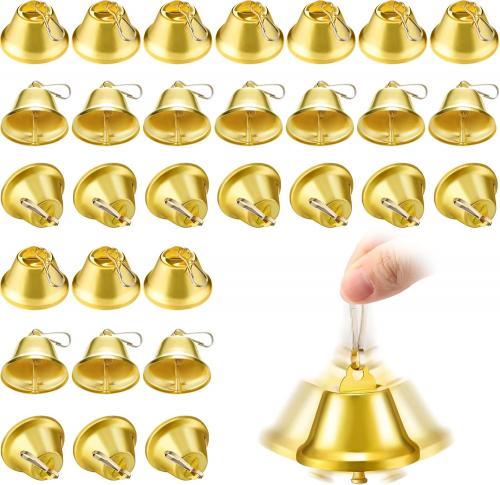 30 Pieces Craft Bells Small Brass Bells for Crafts Vintage Bells with Spring Hooks for Hanging Wind Chimes Making Dog Training Doorbell Christmas Tree Wedding Decor, 1.65 x 1.5 Inch (Gold)