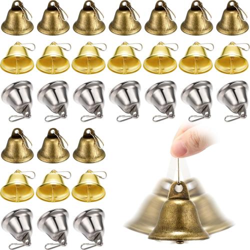 30 Pieces Craft Bells Small Brass Bells for Crafts Mini Vintage Bells with Spring Hooks Tiny for Hanging Wind Chimes Making Dog Training Doorbell Wedding Decor, 1.65 x 1.5 Inch (Bronze, Silver, Gold)