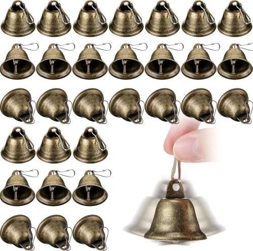 30 Pieces Craft Bells Small Brass Bells for Crafts Vintage Bells with Spring Hooks for Hanging Wind Chimes Making Dog Training Doorbell Christmas Tree Wedding Decor, 1.65 x 1.5 Inch (Bronze)