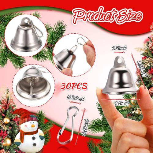 30 Pieces Craft Bells Small Brass Bells for Crafts Vintage Bells with Spring Hooks for Hanging Wind Chimes Making Dog Training Doorbell Christmas Tree Wedding Decor, 1.65 x 1.5 Inch (Silver)