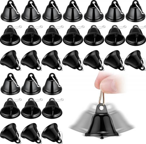 30 Pieces Craft Bells Small Brass Bells for Crafts Mini Vintage Bells with Spring Hooks Tiny for Hanging Wind Chimes Making Dog Training Doorbell Wedding Decor, 1.65 x 1.5 Inch (Black)